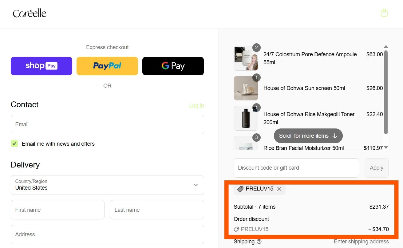 Coreelle promo code PRELUV15 verified Screenshot